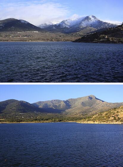 Embalse de Navacerrada al fondo se puede apreciar el pico de la Maliciosa y la Bola del Mundo, vista desde la vertiente madrileña. Arriba, imagen tomada en Febrero de 2014 y abajo, en Octubre de 2013.