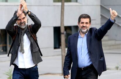 Los presidentes de ANC, Jordi Sanchez y y Omnium, Jordi Cuixart en la Audiencia Nacional el pasado octubre. 