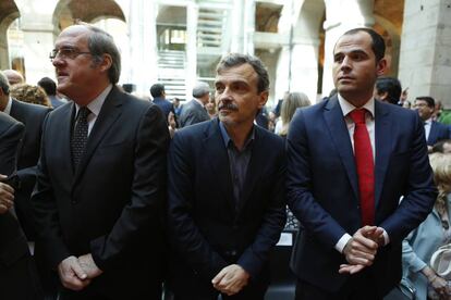 De izquierda a derecha, los portavoces en la Asamblea Ángel Gabilondo (PSOE), José Manuel López (Podemos) y Ignacio Aguado (Ciudadanos).