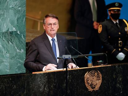 El presidente brasileño, Jair Bolsonaro, en su intervención ante la Asamblea General de la ONU, este martes en Nueva York