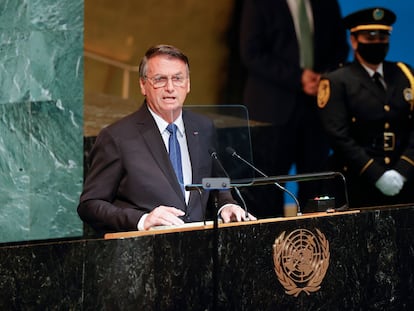 El presidente brasileño, Jair Bolsonaro, en su intervención ante la Asamblea General de la ONU, este martes en Nueva York