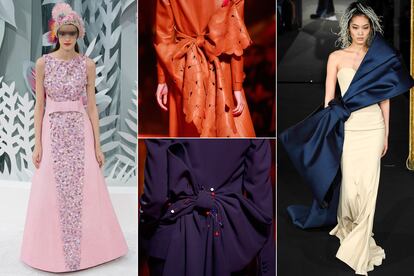 Lazos más grandes que tú
	

	A excepción de Lagerfeld, que introduce tímidamente la tendencia 'lazo' en algunos de sus diseños, las firmas convierten la lazada en la gran protagonista. Schiaparelli los coloca en la espalda y Alexis Mabille envuelve para regalo.