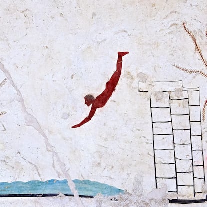 J2DRHB Greek Fresco on the inside of Tomb of  the Diver  [La Tomba del Truffatore]. This panel is from the lid of the tomb and shows a  diving from a column