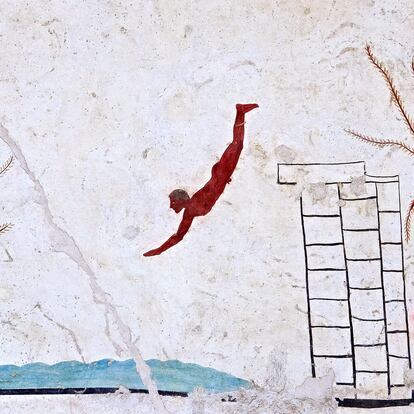 J2DRHB Greek Fresco on the inside of Tomb of  the Diver  [La Tomba del Truffatore]. This panel is from the lid of the tomb and shows a  diving from a column