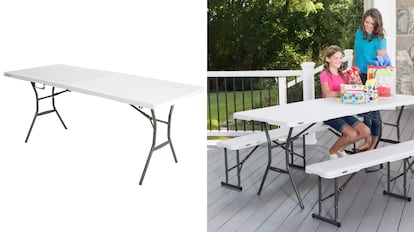 Uno de los accesorios para piscina o jardín del verano es este tipo de mesa amplia y con patas que se pliegan.