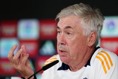 Carlo Ancelotti, durante la rueda de prensa de este sábado en Valdebebas.