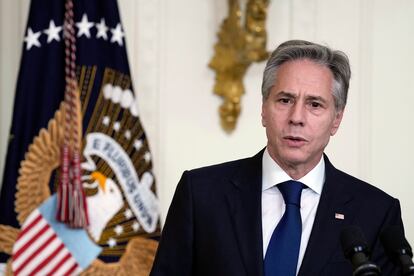 U.S. Secretary of State Antony Blinken speaks at a chiefs of mission reception in the East Room of the White House in Washington