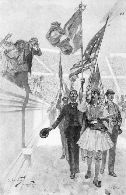 Painting showing the victory of Spyridon Louis in Athens in 1896.