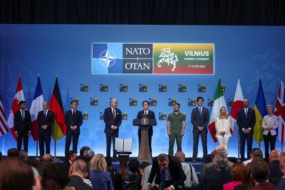 Japan's Prime Minister Fumio Kishida speaks at an event with G7 leaders and Ukraine's President Volodymyr Zelenskiy to announce a Joint Declaration of Support to Ukraine, as the NATO summit is held in Vilnius, Lithuania July 12, 2023.