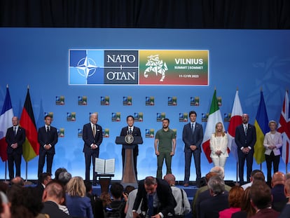 Japan's Prime Minister Fumio Kishida speaks at an event with G7 leaders and Ukraine's President Volodymyr Zelenskiy to announce a Joint Declaration of Support to Ukraine, as the NATO summit is held in Vilnius, Lithuania July 12, 2023.