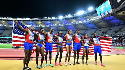 Men and women's 4x100m relay gold medalists Tamari Davis, Twanisha Terry, Gabrielle Thomas, Sha'carri Richardson, Christian Coleman, Fred Kerley, Brandon Carnes and Noah Lyles of the U.S. celebrate after the finals.