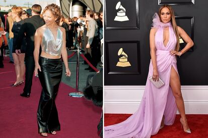 La historia de la alfombra roja de los MTV se puede plasmar a través de la evolución estilística de Jennifer Lopez: a la izquierda, en una foto de 1998, a la derecha, en la edición del año pasado.