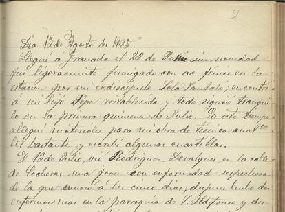 Notas del 12 de agosto de 1885 en el diario del médico granadino Federico Olóriz.