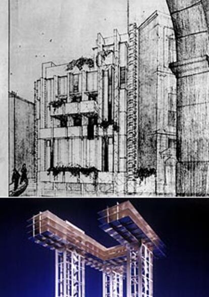 Dibujo de Frank Lloyd Wright para el Memorial Masieri en Venecia (1953), arriba, y maqueta actual de la estructura Wolkenbügel (1924) de El Lissitzky.