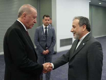 El presidente turco, Recep Tayyip Erdogan (izquierda), junto al ministro de Exteriores iraní, Abbas Araghchi, este sábado en Estambul.