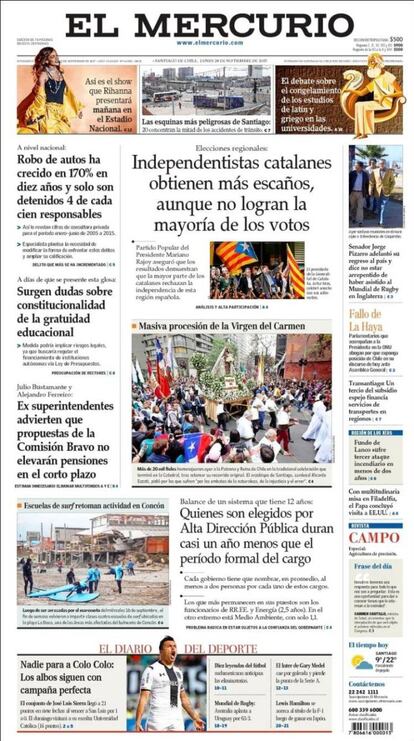 En Chile, 'El Mercurio' también titula y abre el periódico con las elecciones catalanas y especifica que los independentistas "no logran la mayoría de los votos".
