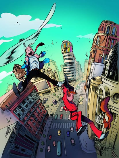 Spirou y Fantasio en la Gran Vía en la ilustración realizada para la muestra por Pepe Larraz y María Emegé.