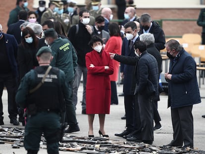 El presidente del Gobierno, Pedro Sánchez, en el acto institucional de destrucción de armas incautadas a bandas terroristas, en el Colegio de Guardias Jóvenes de Valdemoro (Madrid), este jueves.