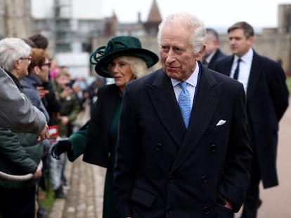 Britain's King Charles and Queen Camilla greet people after attending the Easter Matins Service at St. George's Chapel, Windsor Castle, Britain March 31, 2024. REUTERS/Hollie Adams/Pool