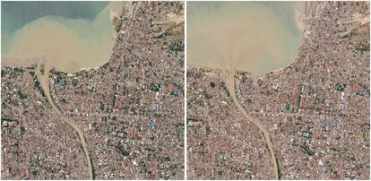 Vista área de la localidad de Palu antes (izquierda) y después del terremoto y del tsunami. La Agencia Nacional de Gestión de Desastres de Indonesia ha actualizado este martes el balance de muertos: ya son al menos 1.234, pero se teme que la cifra crezca.