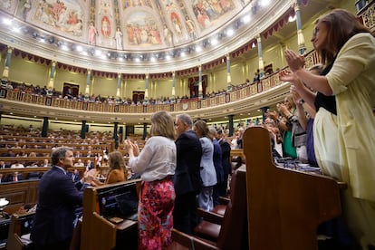 El líder del Partido Popular, Alberto Núñez Feijóo, es aplaudido por los diputados populares tras su intervención en el pleno del Congreso.