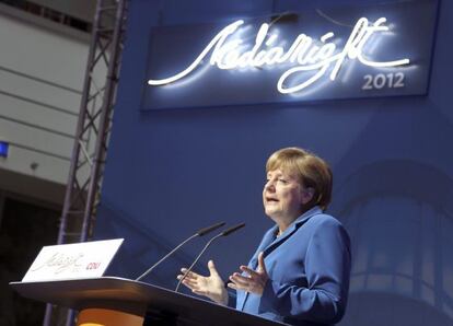 Angela Merkel en un acto de su partido, la CDU, sobre el futuro de los medios de comunicaci&oacute;n. 