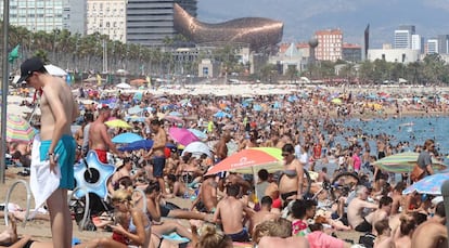 Ba&ntilde;istas en la playa de la Barceloneta (Barcelona) el domingo 13 de agosto. 