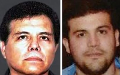 An undated handout composite photo made available by the DEA and the U.S. Department of State on 26 July 2024 shows Ismael 'El Mayo' Zambada and Joaquín Guzmán López (R), two alleged leaders of Mexico's Sinaloa Cartel. 