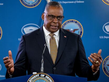 Secretary of Defense Lloyd Austin speaks during a briefing at the Pentagon in Washington, on March 15, 2023.