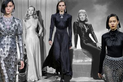 Montaje de los looks de Paco Rabanne con retratos vintage de Veronica Lake (izda., 1942) y Marlene Dietrich (dcha., 1941).