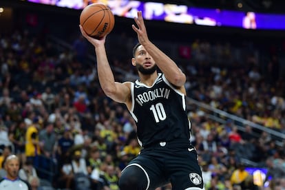 Brooklyn Nets guard Ben Simmons (10) shoots against the Los Angeles Lakers on Oct. 9, 2023, in Las Vegas, Nevada.