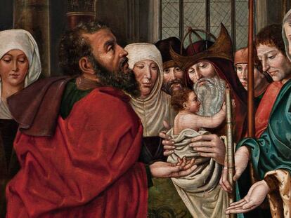 Detall de la pintura del Mestre de Sixena. La dona de l'esquerra no existeix en la pintura del segle XVI.