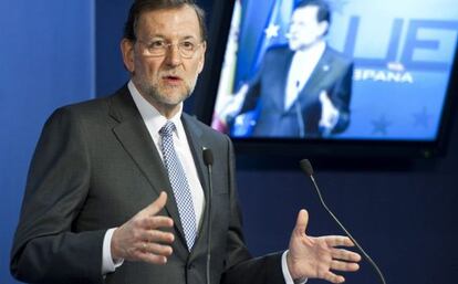 El presidente del Gobierno, Mariano Rajoy, en la rueda de prensa al t&eacute;rmino del Consejo Europeo.