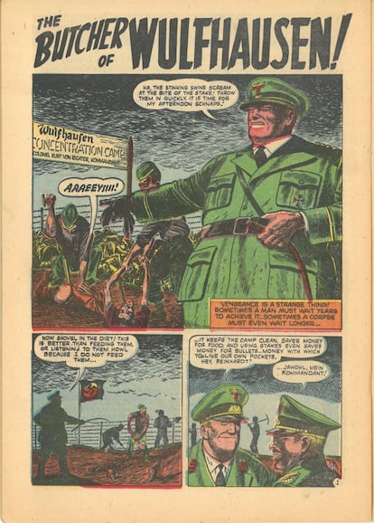 Kent Blake of the Secret Service # 14: “The Butcher of Wulfhausen”(1953). El dibujante de cómics estadounidense Sam Kweskin también narró el horror de los campos de concentración nazis en una de las aventuras de Kent Blake, uno de los personajes de Marvel. Los cómics posteriores a la Segunda Guerra Mundial están inspirados en las historias sobre la liberación de los campos. Las novelas gráficas americanas posteriores a la Segunda Guerra Mundial daban una visión propagandística del conflicto presentando a los alemanes como como personajes desequilibrados y tontos. Todavía deberían pasar unos cuantos años para que la industria del cómic estadounidense hiciera una representación realista del conflicto, y para que se mencionara lo que sucedía con los judíos en los campos de exterminio. En la historia de “The Butcher of Wulfhausen”, al igual que en muchos cómics de la época, se representaban campos de concentración imaginarios y con nombres inventados. Se hacía tanto por el respeto a las víctimas como para no dar cuenta de la veracidad de los hechos que se relataban.