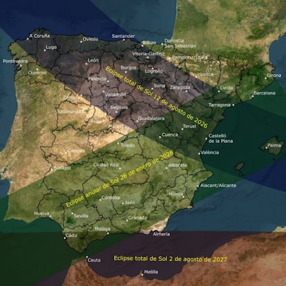 Madrid, 29/06/2025.- España se prepara ya para los históricos eclipses de sol que se van a suceder durante los próximos tres años, dos de ellos totales (en 2026 y 2027) y uno anular (en 2028), un carrusel de eventos astronómicos que atraerán a un elevado número de turistas. Para centralizar toda la información referida a los tres eclipses, el Ministerio de Transportes y Movilidad Sostenible, a través del Instituto Geográfico Nacional -responsable de suministrar la información oficial en materia de astronomía que proporciona el Observatorio Astronómico Nacional- ha puesto en marcha una página web (eclipses.ign.es) con todos los detalles de los eclipses y visualizadores para planificar la observación desde cualquier punto de España. EFE/Instituto Geográfico Nacional/Mº de Transportes. -SOLO USO EDITORIAL/SOLO DISPONIBLE PARA ILUSTRAR LA NOTICIA QUE ACOMPAÑA (CRÉDITO OBLIGATORIO)-