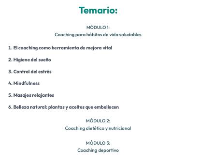 Captura de pantalla del temario del curso de 'health coach' de EnPhorma, que ya no está disponible en la página web.