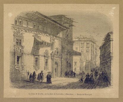 Façana de la casa Gralla en una gravat d'Adolph Rouargue del 1857, un any després del seu enderroc.