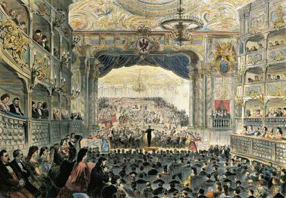 Richard Wagner (1813-1883) dirigiendo la Novena Sinfonía de Beethoven en Bayreuth en 1872. Litografía de Louis Sauter.