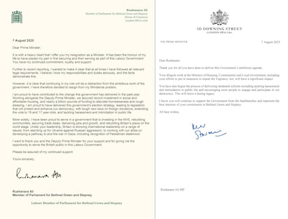 La carta de Rushanara Ali (izquierda) y la del primer ministro Keir Starmer (derecha) tras la dimisión de la secretaria de Estado.