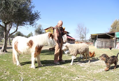 Vicente Menchén en su finca, alimentando a un poni, una oveja, un perro y una gallina.