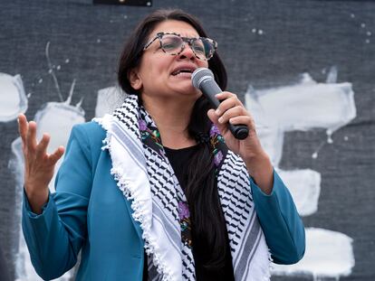 La congresista Rashida Tlaib en una manifestación propalestina en Washington, el sábado 20 de octubre.