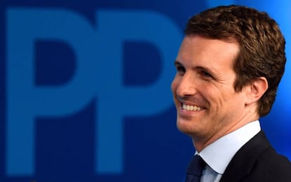 Pablo Casado, líder del Partido Popular. el domingo 28 por la noche, tras conocer los resultados electorales. 