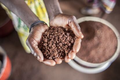 Asiba muestra un puñado de nuez de karité recién molida. De ahí saldrá una crema espesa con apariencia de chocolate. La pulpa se come, con la almendra se hace mantequilla utilizada para cocinar los alimentos, la fabricación de cosméticos, jabón e incluso como sustituto del chocolate.