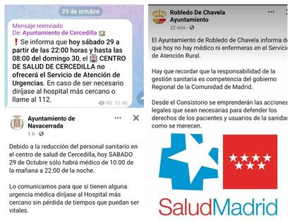 Los mensajes de diversos ayuntamientos informando de los servicios de urgencias cerrados.