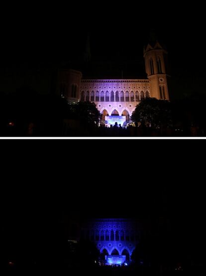 El edificio colonial Frere Hall en Karachi (Pakistán), antes y después de la Hora del Planeta.
