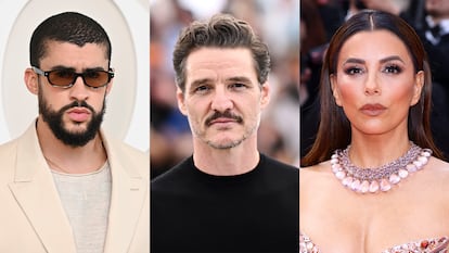 Bad Bunny, Pedro Pascal y Eva Longoria en una composición fotográfica.