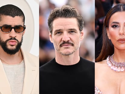 Bad Bunny, Pedro Pascal y Eva Longoria en una composición fotográfica.