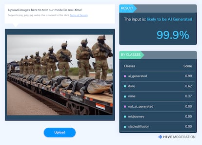 Los resultados de la herramienta Hive Moderation con la imagen de los cocodrilos supuestamente soltados por Estados Unidos.