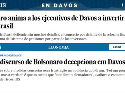 Artículo sobre el discurso de Bolsonaro en Davos en la edición española y brasileña de EL PAÍS.