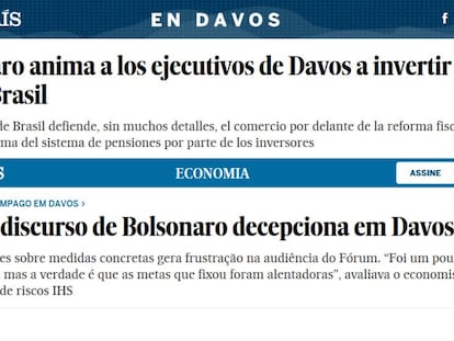 Artículo sobre el discurso de Bolsonaro en Davos en la edición española y brasileña de EL PAÍS.